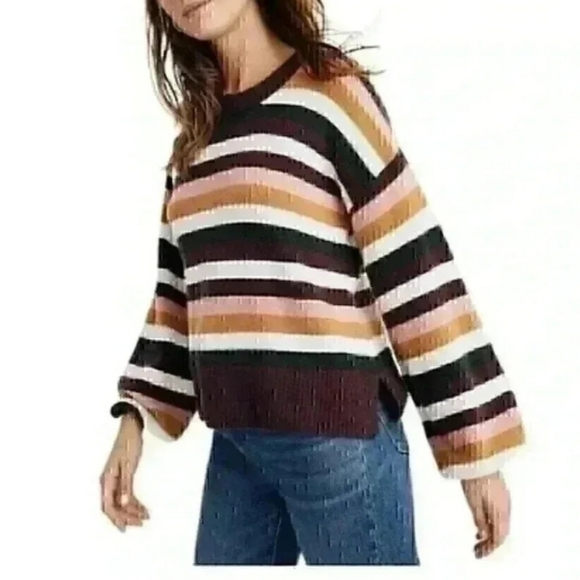 Madewell Payton Pullover Sweater Xs Multi Striped Balloon Sleeve Coziest Yarn - Picture 1 of 8